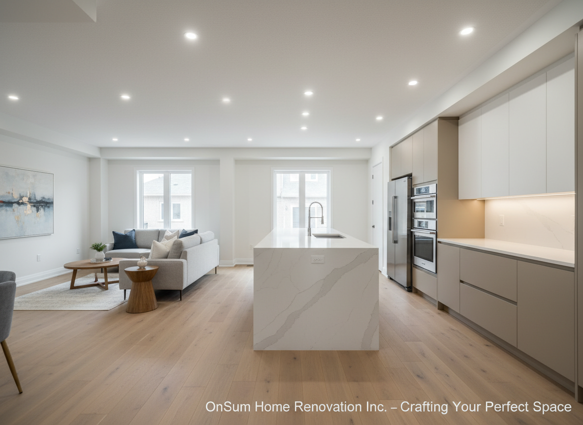 A fully renovated open-concept living room and kitchen in a modern suburban home, showcasing OnSum Home Renovation Inc.’s craftsmanship. Smooth matte white walls meet a subtly textured light-gray ceiling, with wide-plank oak flooring running seamlessly throughout. A large island with a waterfall quartz countertop anchors the kitchen, flanked by sleek, handleless cabinetry in warm taupe and integrated stainless steel appliances. Recessed ceiling lights and under-cabinet LEDs blend with soft daylight from tall, double-glazed windows, creating balanced, even illumination. The mood is professional, calm, and inviting, emphasizing reliability and order. Captured at eye level with a wide-angle lens, keeping sharp focus from foreground to background for a documentary-style, photographic realism that would suit a renovation company homepage hero image.