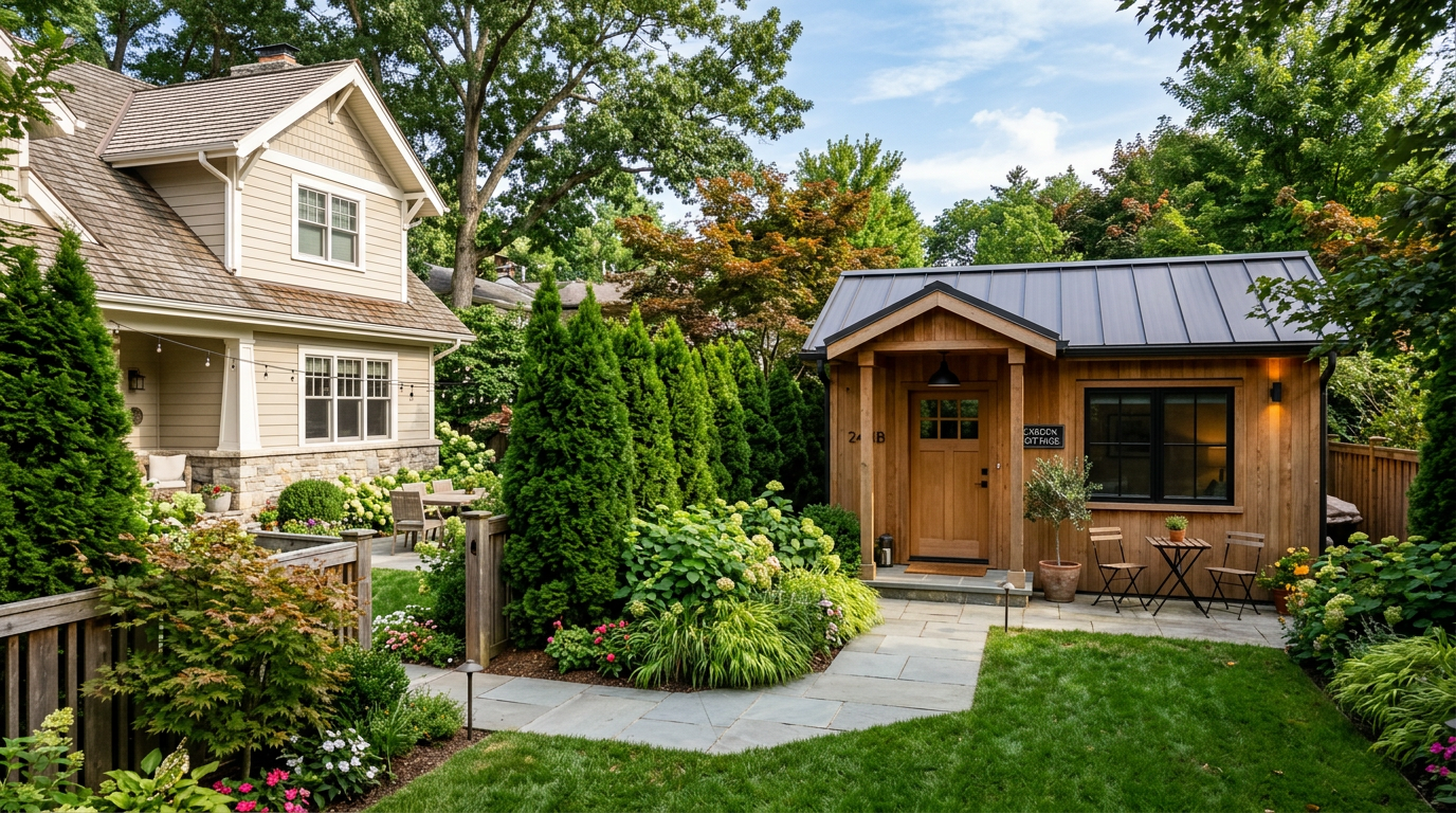 Wooden backyard cottage labeled 24B beside a landscaped garden and patio